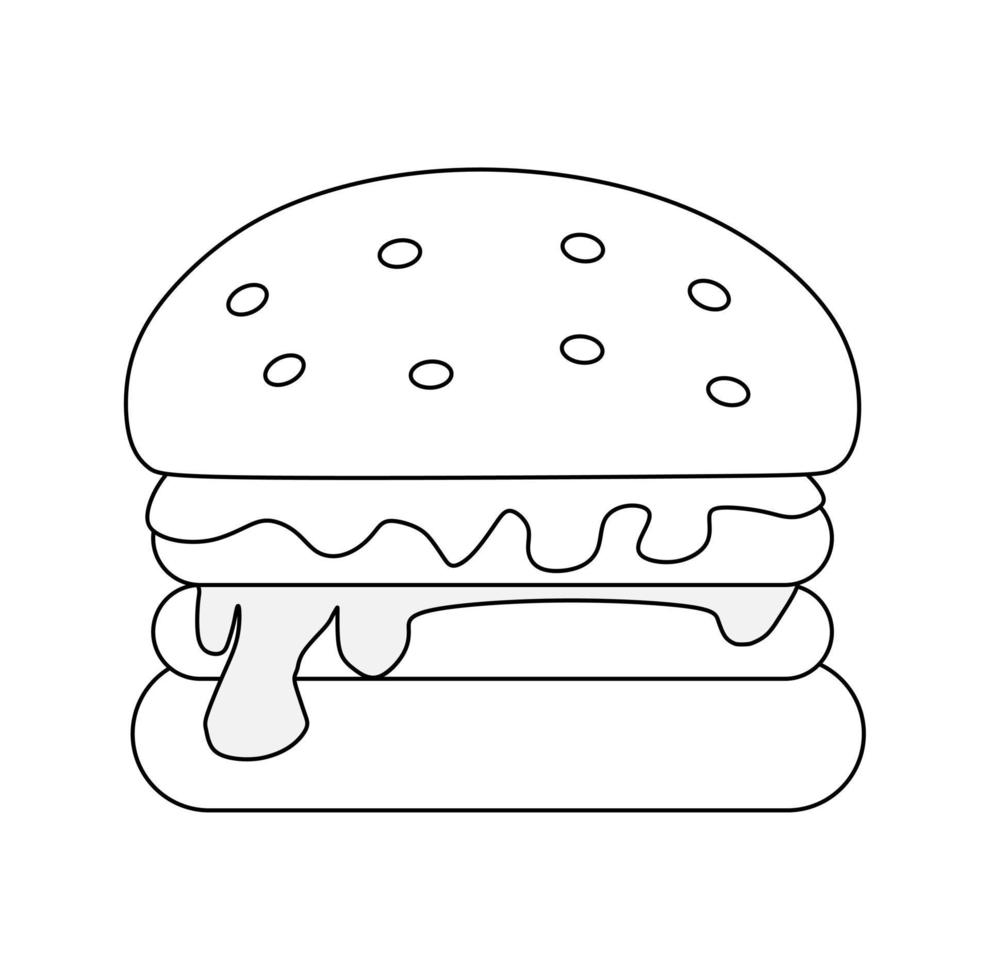 Black and white vector illustration of hamburger containing meat and vegetables for coloring book and doodle