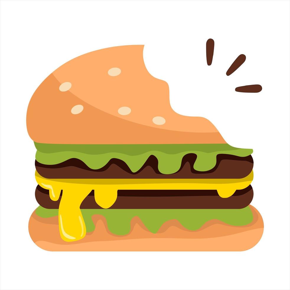 ilustración vectorial de hamburguesa mordida llena de carne y queso cocidos, temas de negocios y restaurantes, adecuada para publicitar productos alimenticios. vector