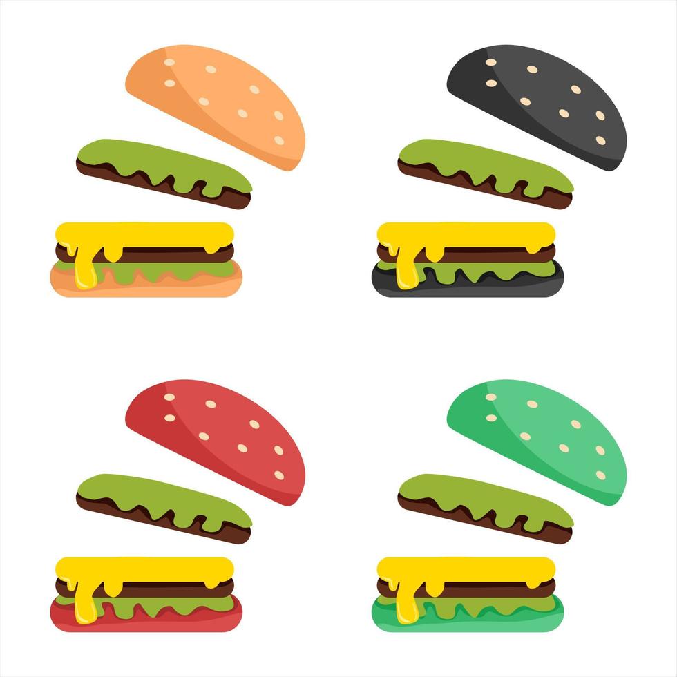 conjunto de ilustraciones vectoriales de una hamburguesa que muestra el interior, tematizado en negocios y restaurantes, perfecto para anunciar productos alimenticios. vector