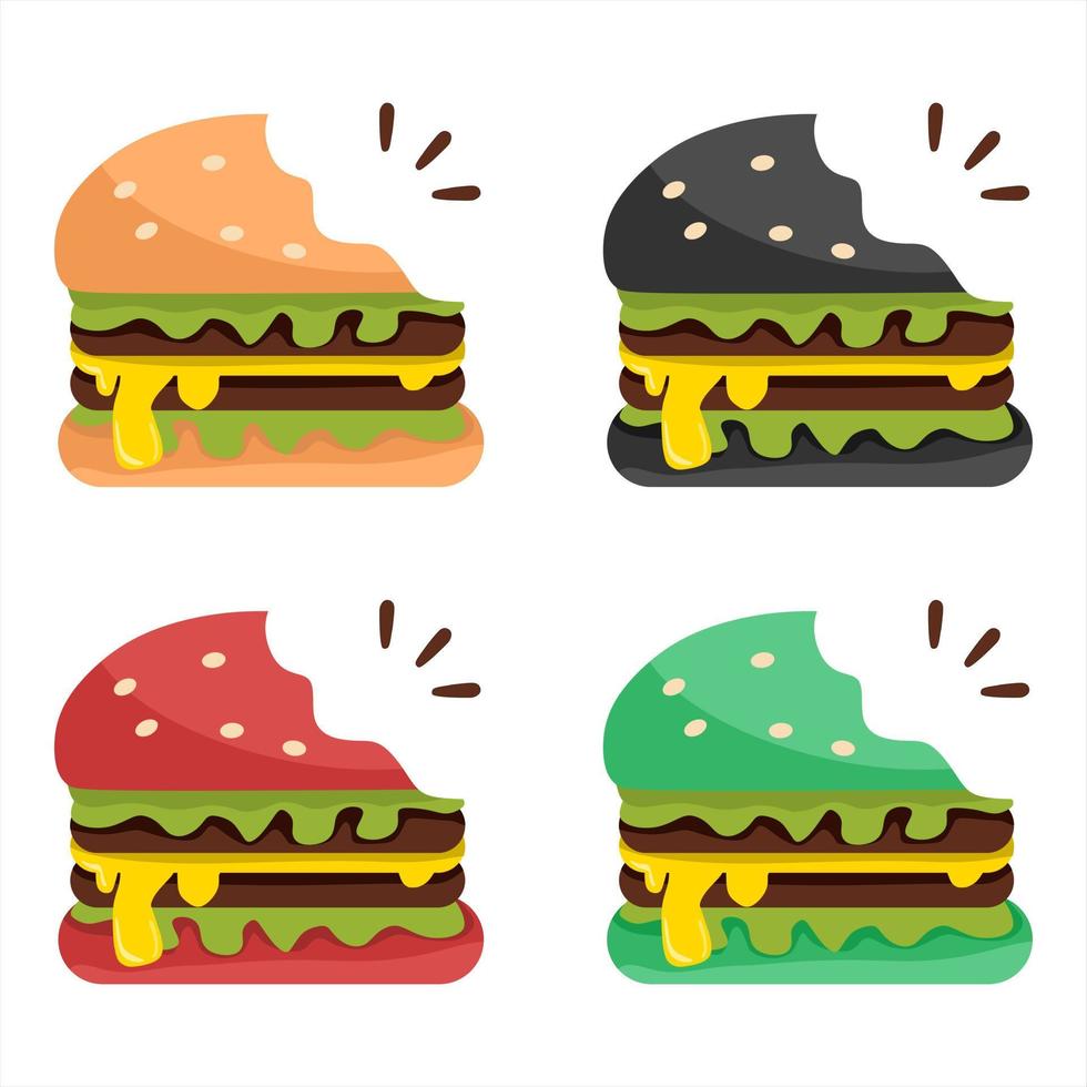 conjunto de ilustraciones vectoriales de hamburguesas mordidas llenas de carne y queso cocidos, temas de negocios y restaurantes, adecuados para publicitar productos alimenticios. vector