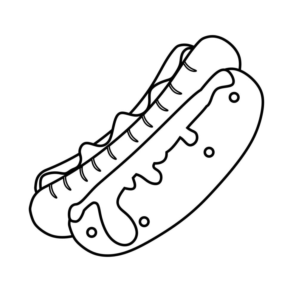 black and white vector illustration of hot dog with vegetables and sauce for coloring book and doodles