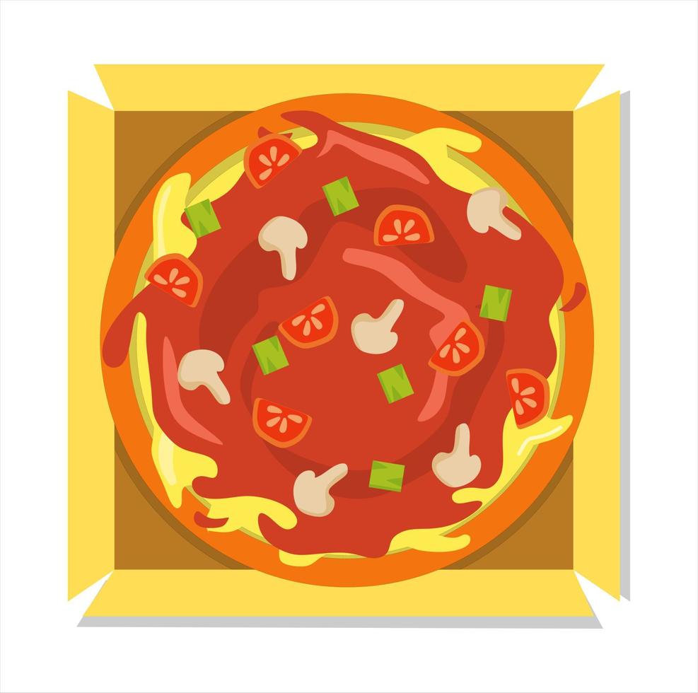 ilustración vectorial de pizza con salsa de tomate y queso recién abierta de la caja. temas de restaurante y comida, adecuados para publicitar productos alimenticios vector