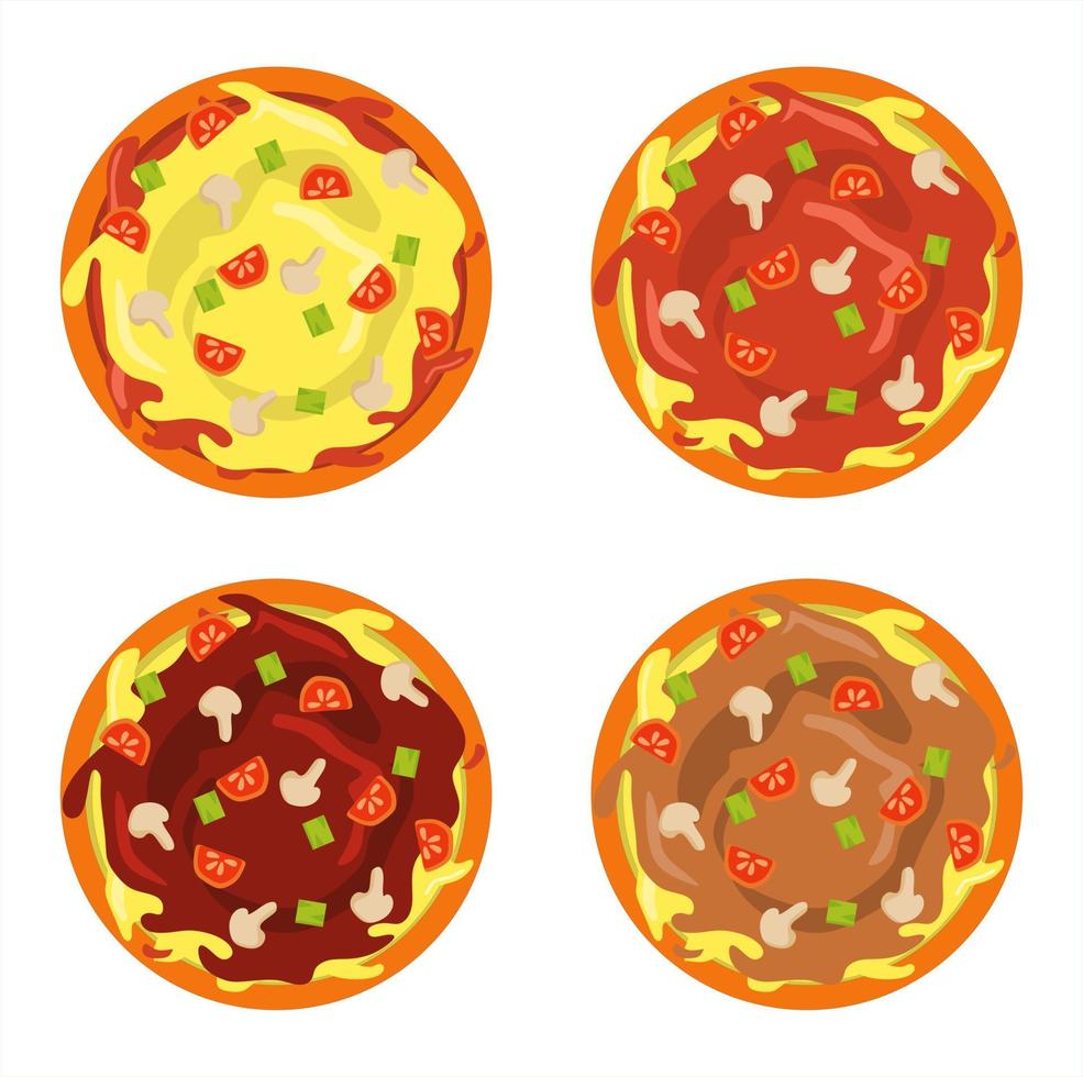 conjunto de ilustraciones vectoriales de pizza con salsa de tomate y queso, champiñones y cobertura de tomate. tema de restaurante y comida, adecuado para publicitar productos alimenticios vector