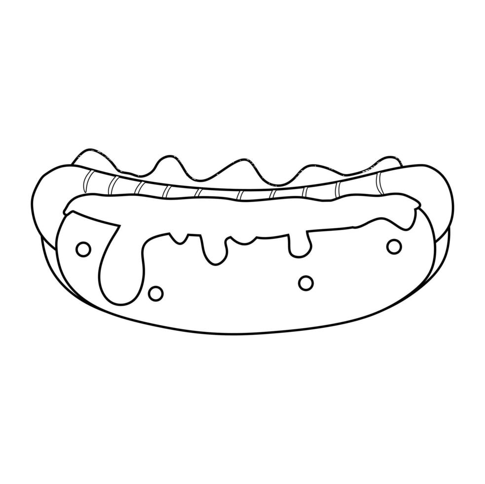 ilustración vectorial en blanco y negro de hot dog con salsa de queso para colorear y garabatos vector