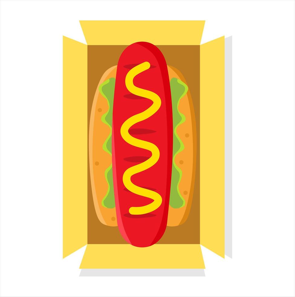 ilustración vectorial de perrito caliente recién abierto de una caja con queso y salsa de tomate, restaurante y tema culinario. adecuado para la publicidad de productos alimenticios vector