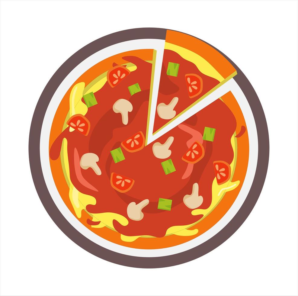 ilustración vectorial de una rebanada de pizza en un plato con salsa de tomate y queso. temas de restaurante y comida, adecuados para publicitar productos alimenticios vector