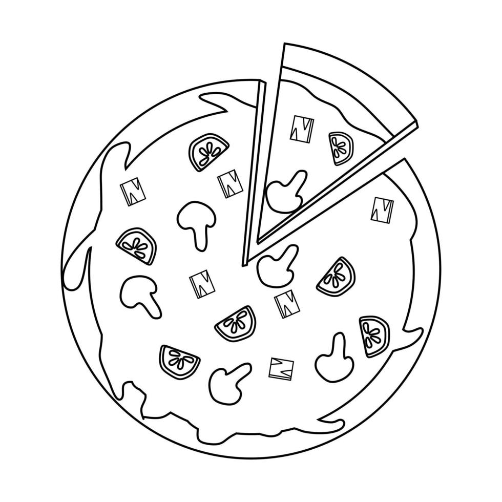 Black and white vector illustration of pizza with mushrooms for coloring book and doodles