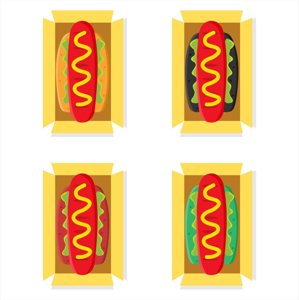 Vector illustration set of freshly opened hotdog out of a box with cheese and tomato sauce, restaurant and culinary theme. suitable for advertising food products