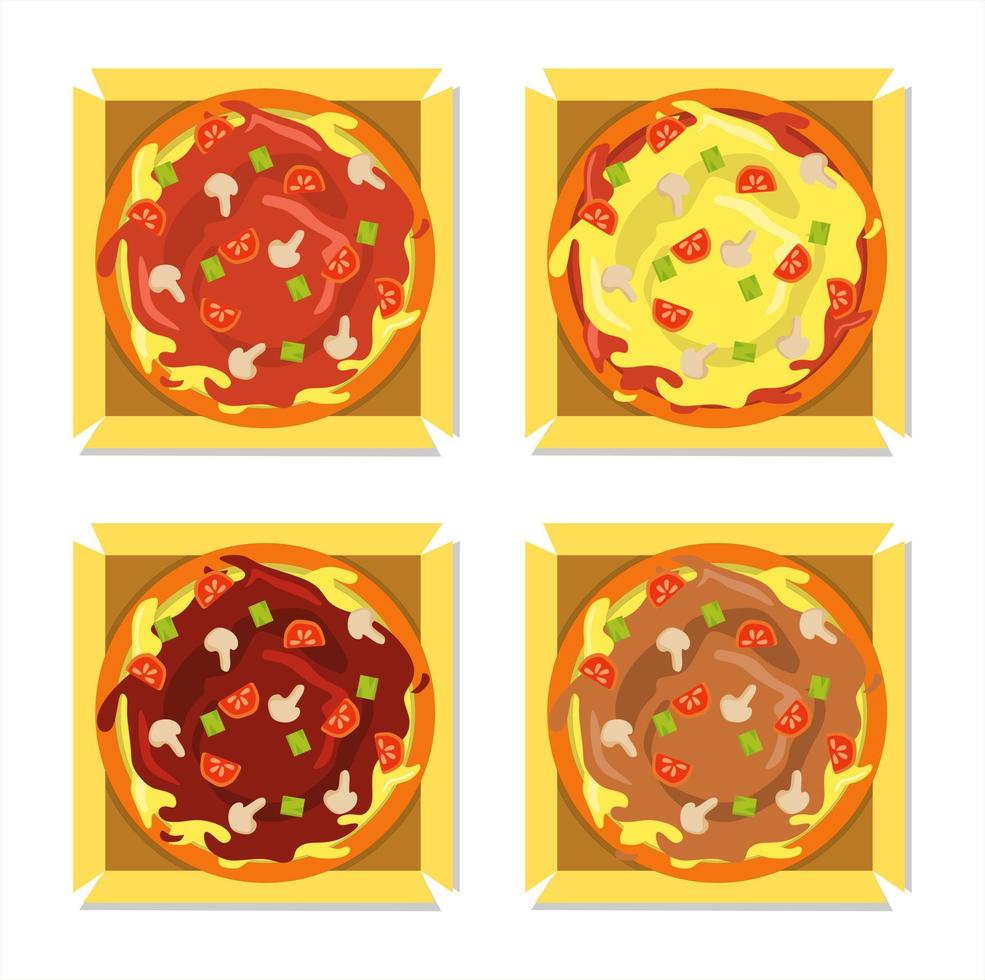 conjunto de ilustraciones vectoriales de pizza con salsa de tomate y queso recién abierto de la caja. temas de restaurante y comida, adecuados para publicitar productos alimenticios vector