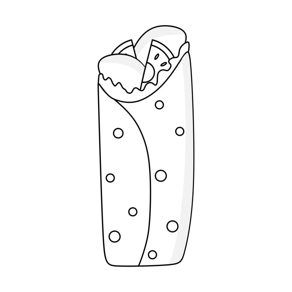 Black and white vector illustration of a warm kebab for coloring book and doodle