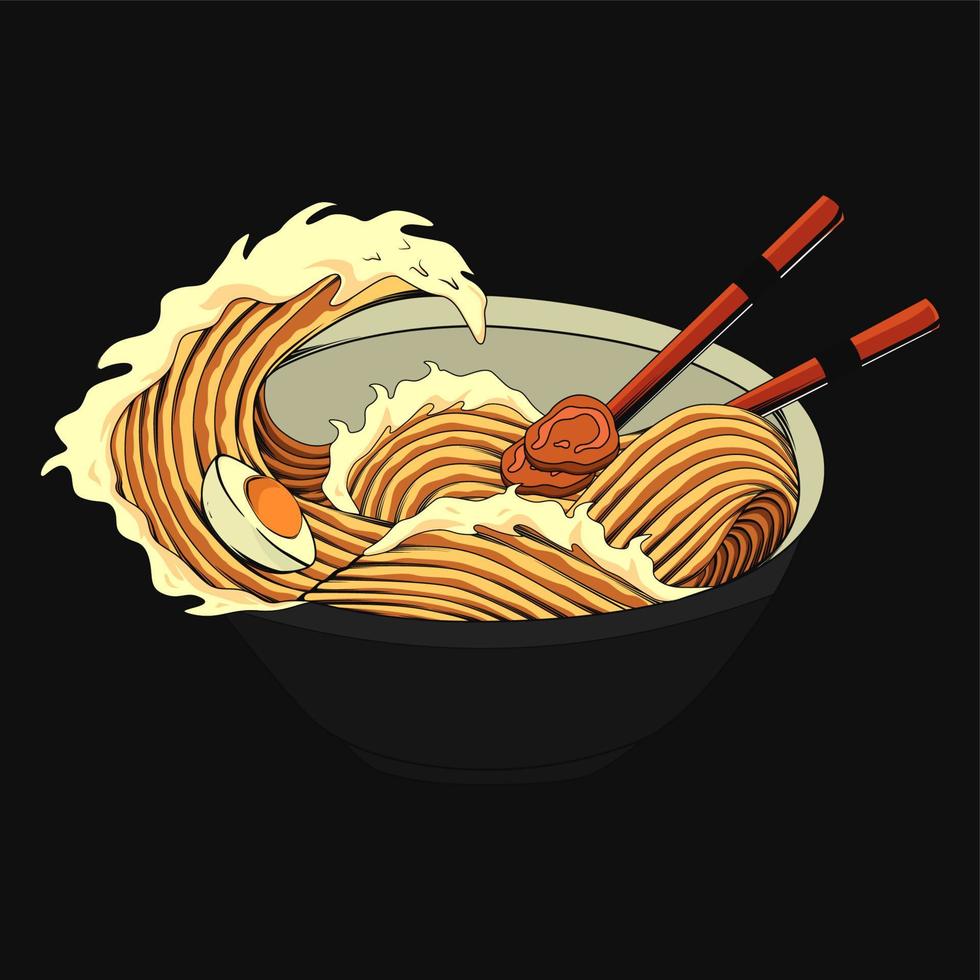 Traditional japanese ramen and wave for tshirt vector