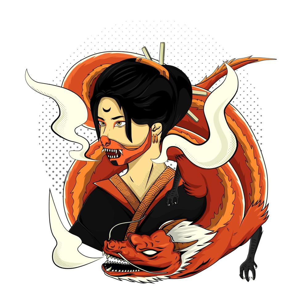 geisha japón mujeres con dragón para diseño de camiseta vector