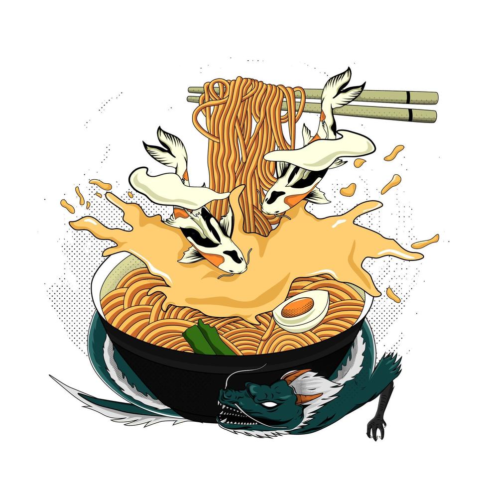 Traditional japanese ramen and wave for tshirt vector