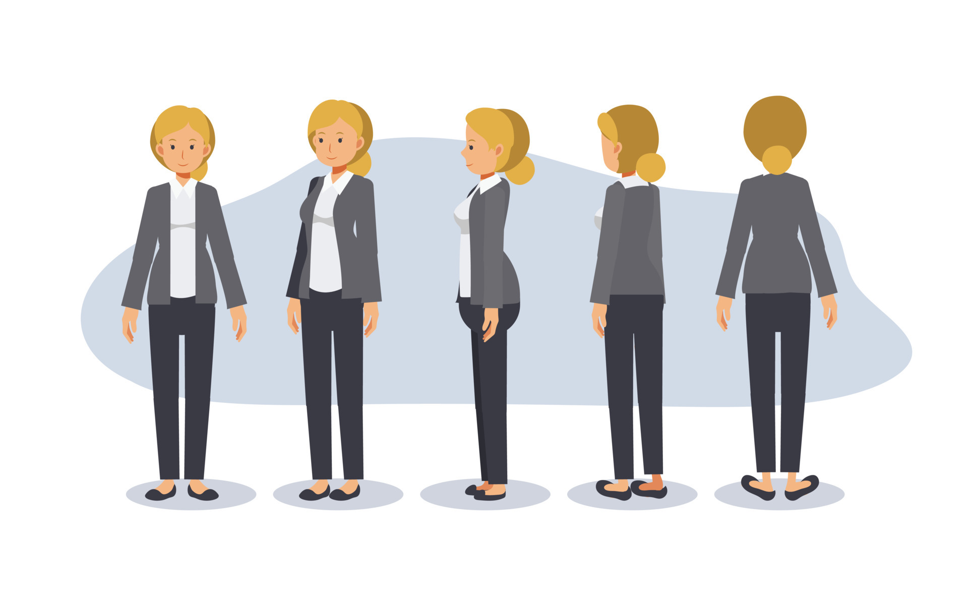 Cartoon character of formal blond hair business woman. front, side, back,  3-4 view character. flat vector illustration. 5152920 Vector Art at Vecteezy