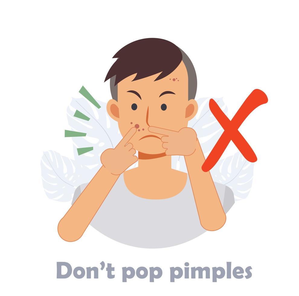 hombre pop espinilla en la cara del acné. exprimir el acné, está prohibido reventar el acné. ilustración de dibujos animados de vector plano