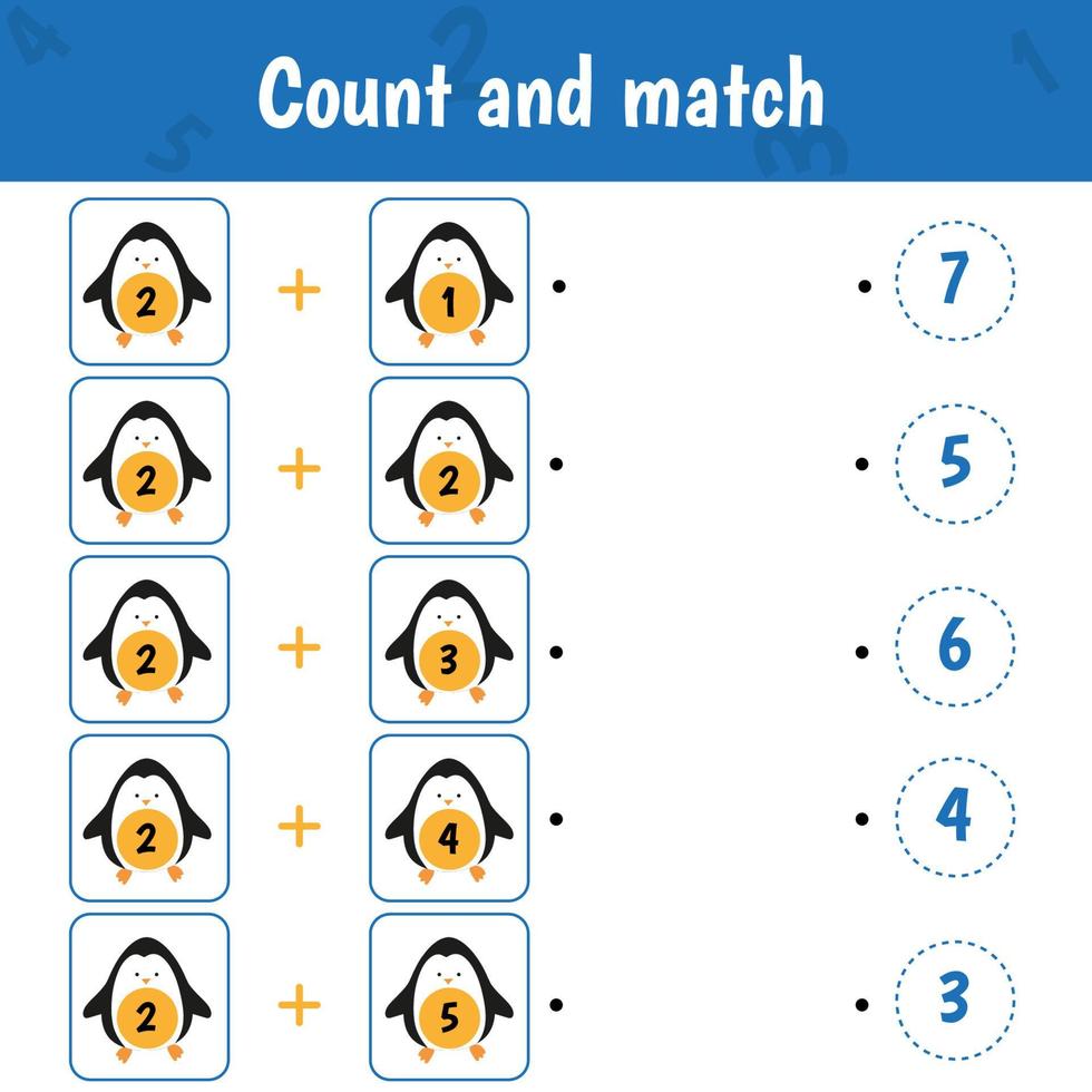 Educational worksheet for preschool kids. Count and match. Math game for children. vector