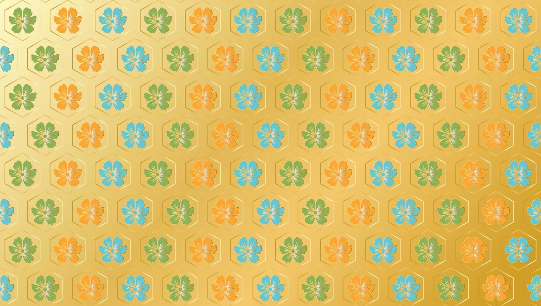 Japanese flowers in gold hexagon line art seamless design pattern on golden background vector