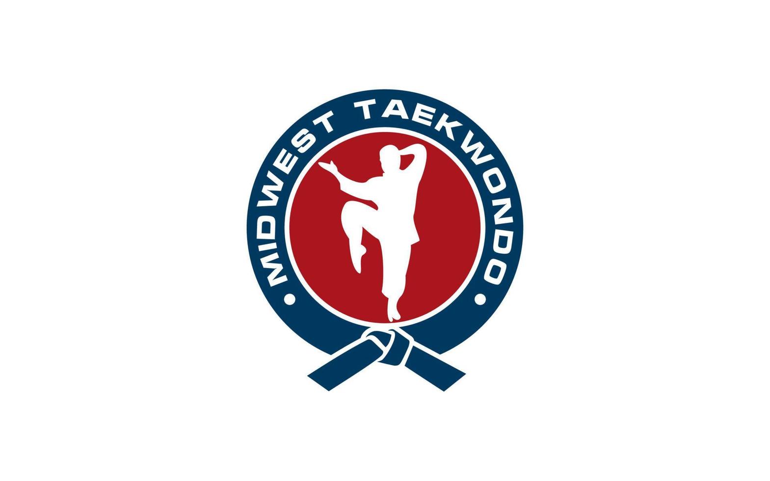 Taekwondo flying upper kick in blue-red emblem background vector