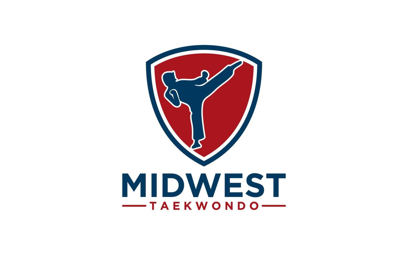 Taekwondo flying upper kick in blue-red emblem background vector