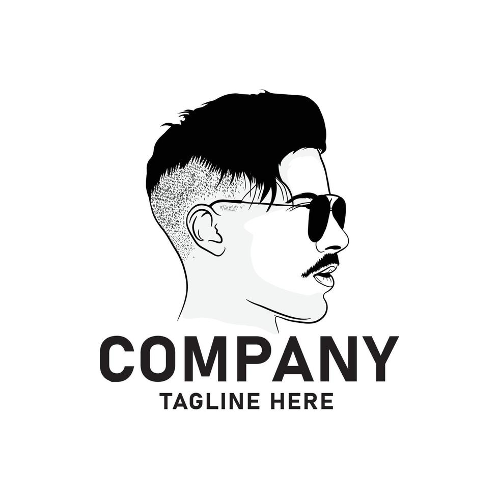 man logo design with glasses, silhouette of person facing forward with thick mustache without beard, masculine, handsome, cool, use for haircut, babershop, and model vector