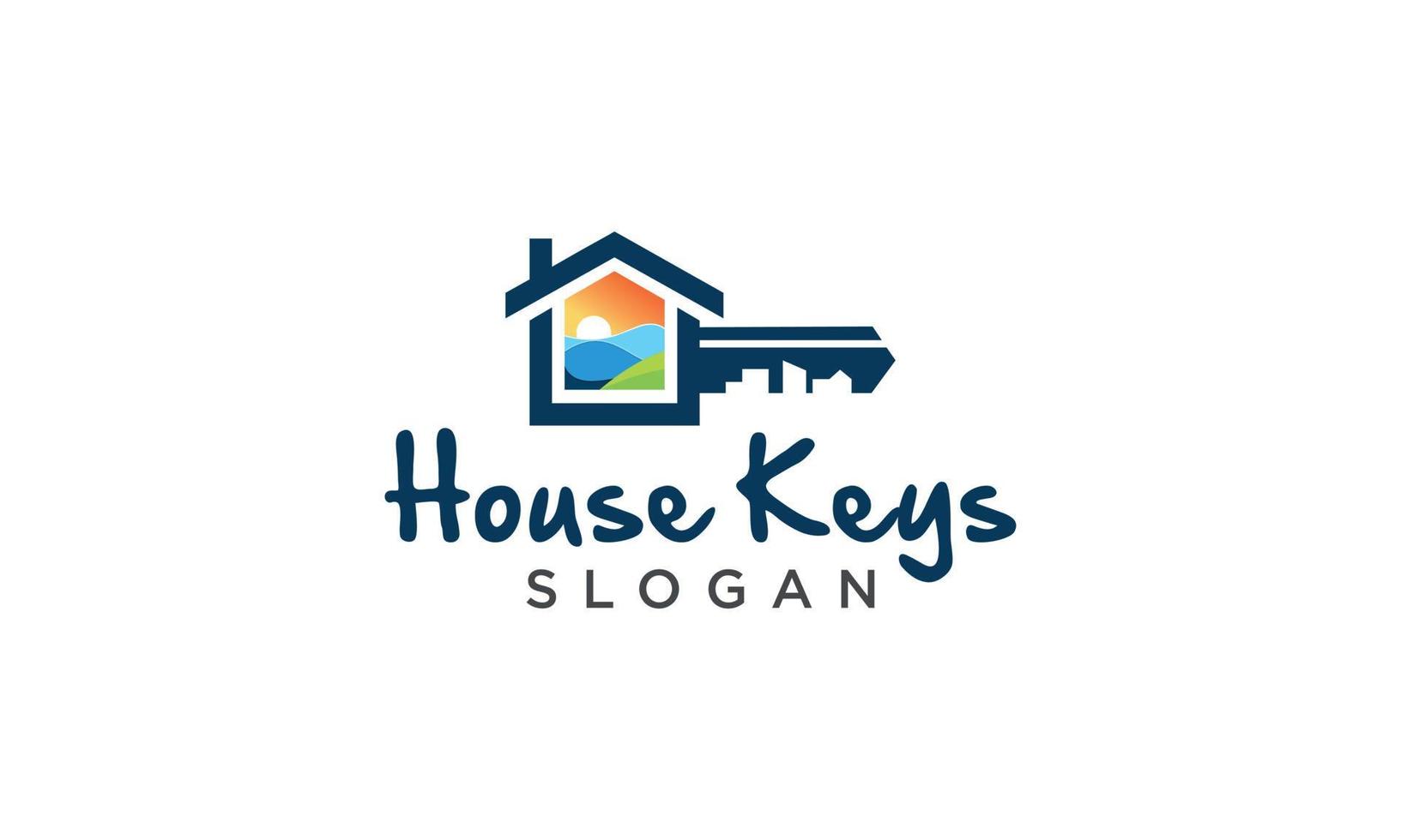 llave de casa con estilo paisajístico, urbano, campo, naturaleza, mar, montañas, cielo, logotipo para viviendas inmobiliarias vector