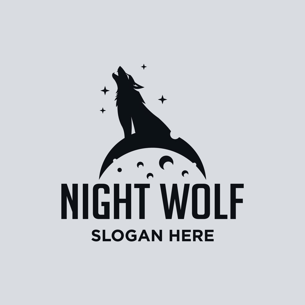 lobo macho rugiendo por la noche con silueta de luna llena. ilustración de diseño gráfico de animales salvajes por la noche. conjunto de vectores de estilo de arte de línea de lobo.