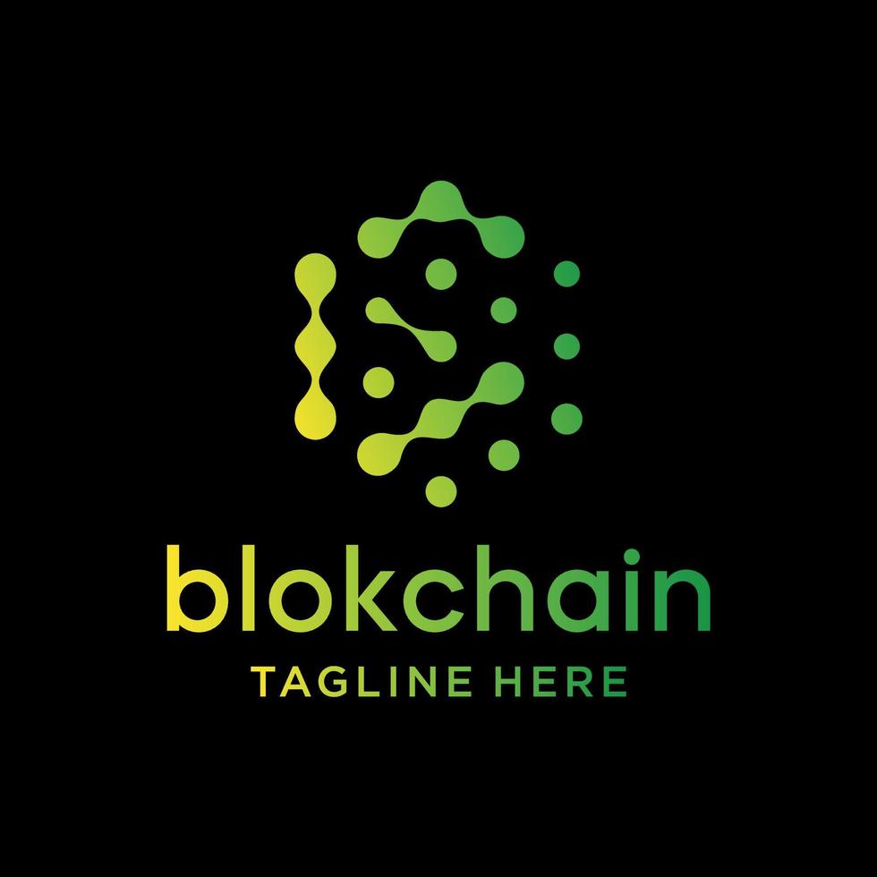 puntos interconectados de color verde amarillento, formando símbolos hexagonales con precisión, diseño de logotipo para blockchain, internet, digital y más vector