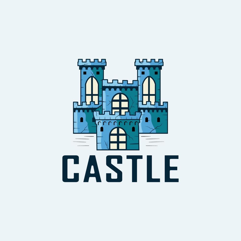 torre del castillo original y silueta de la torre, castillo medieval azul con ventanas iluminadas, icono del logotipo, ilustración vectorial vector