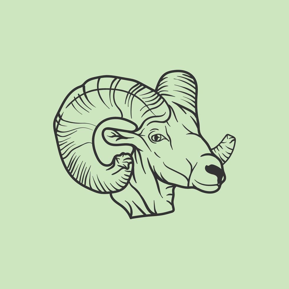 hand drawn line style goat's head logo, with broken horns, face head isolated on light green, sheep's head sketch vector