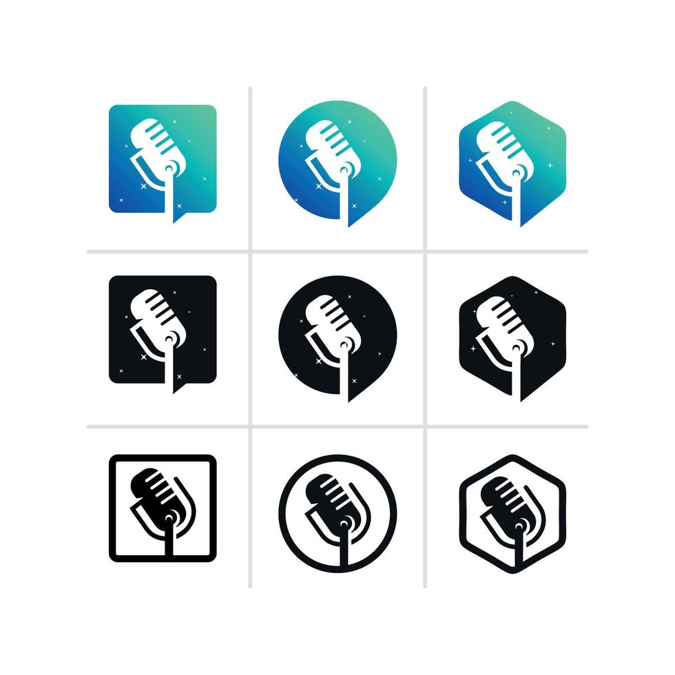 A collection of illustrations of podcast radio icons. Studio desk microphone with on-air text broadcast. Webcast audio recording concept logo vector