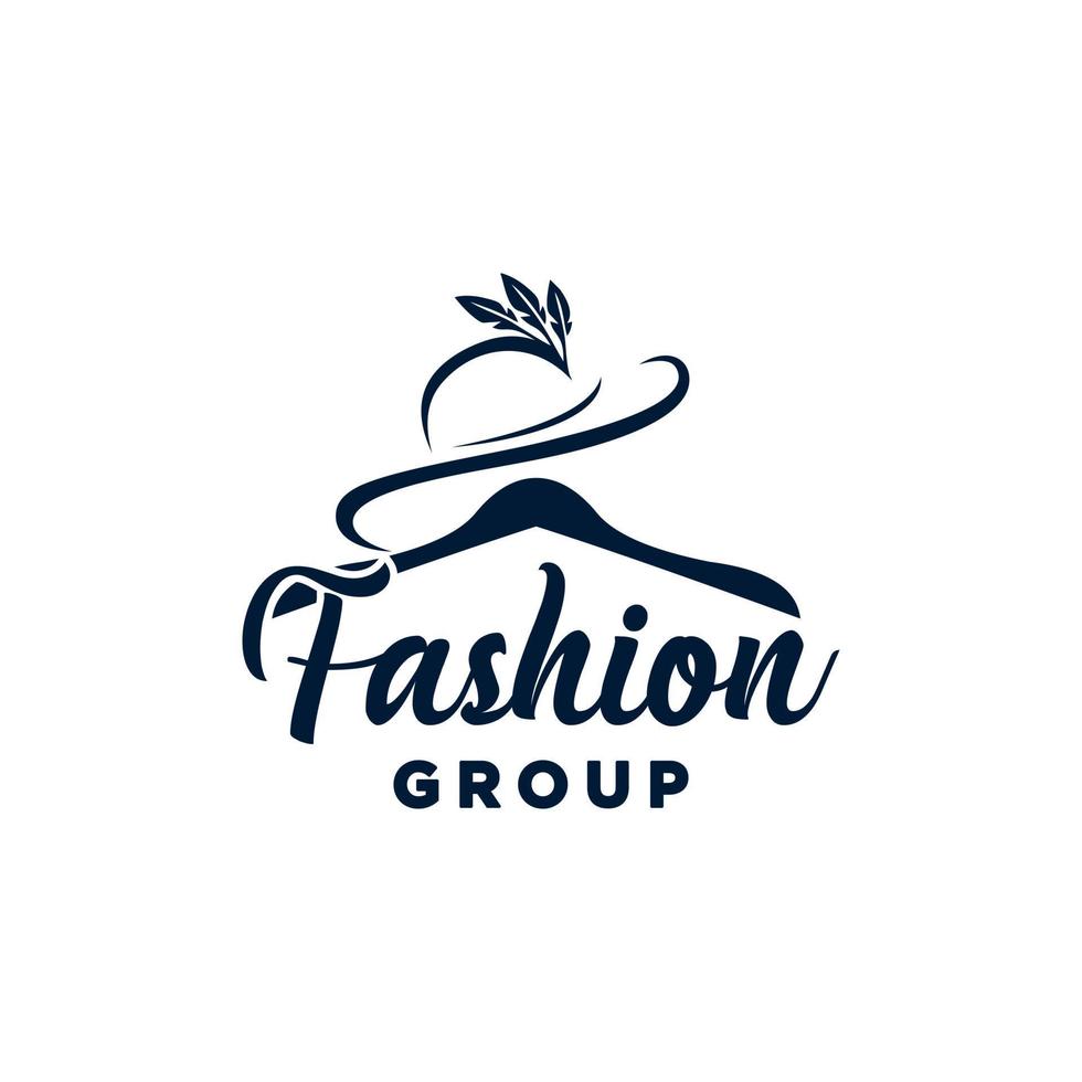 Creative fashion logo design. woman wearing hat, vector sign with letter symbol and hanger. calligraphy logo