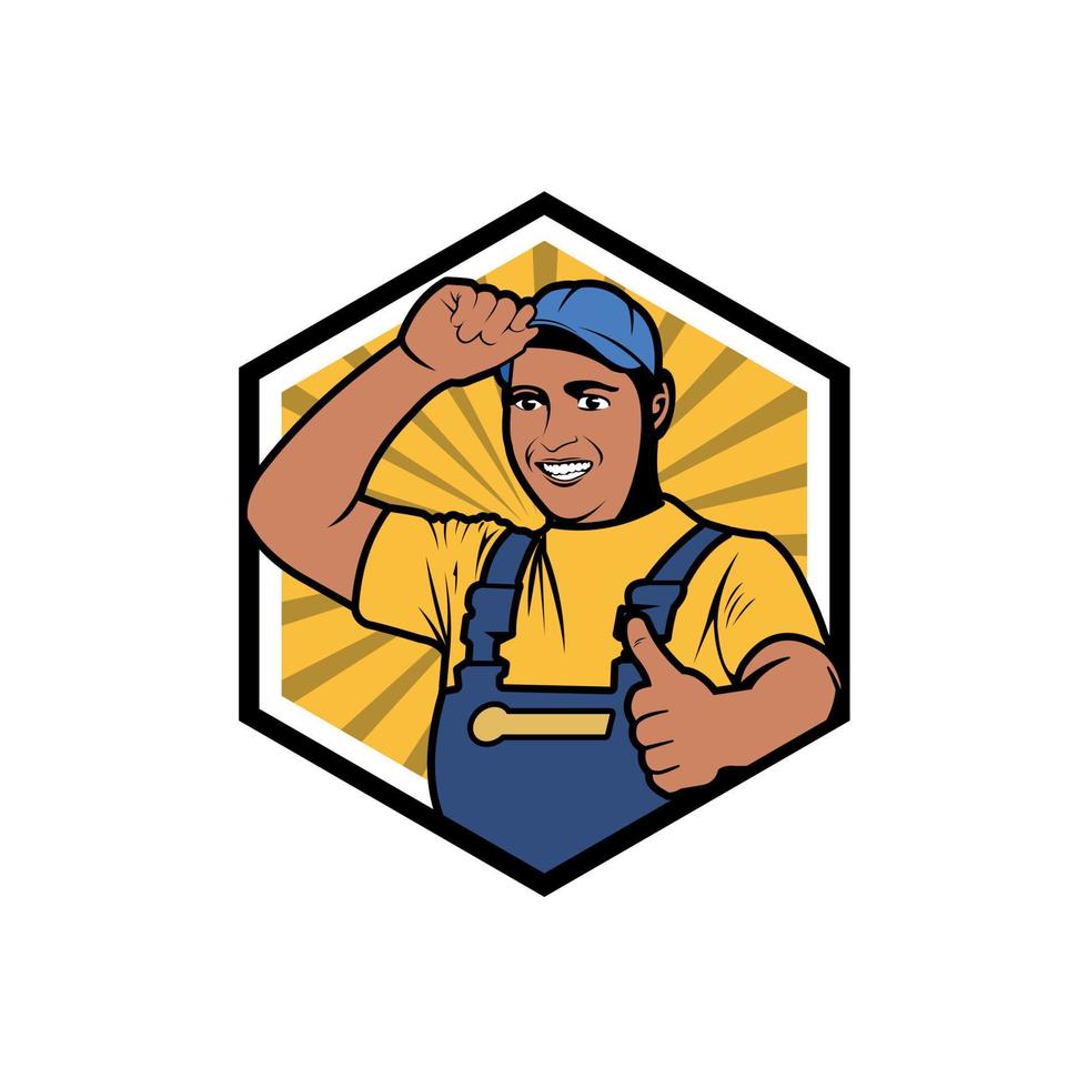 Cartoon Builder Mascot Logo. A builder man character holding a hat. logo templates for business identity architecture, property, real estate, residential solutions, home staging, building engineers vector