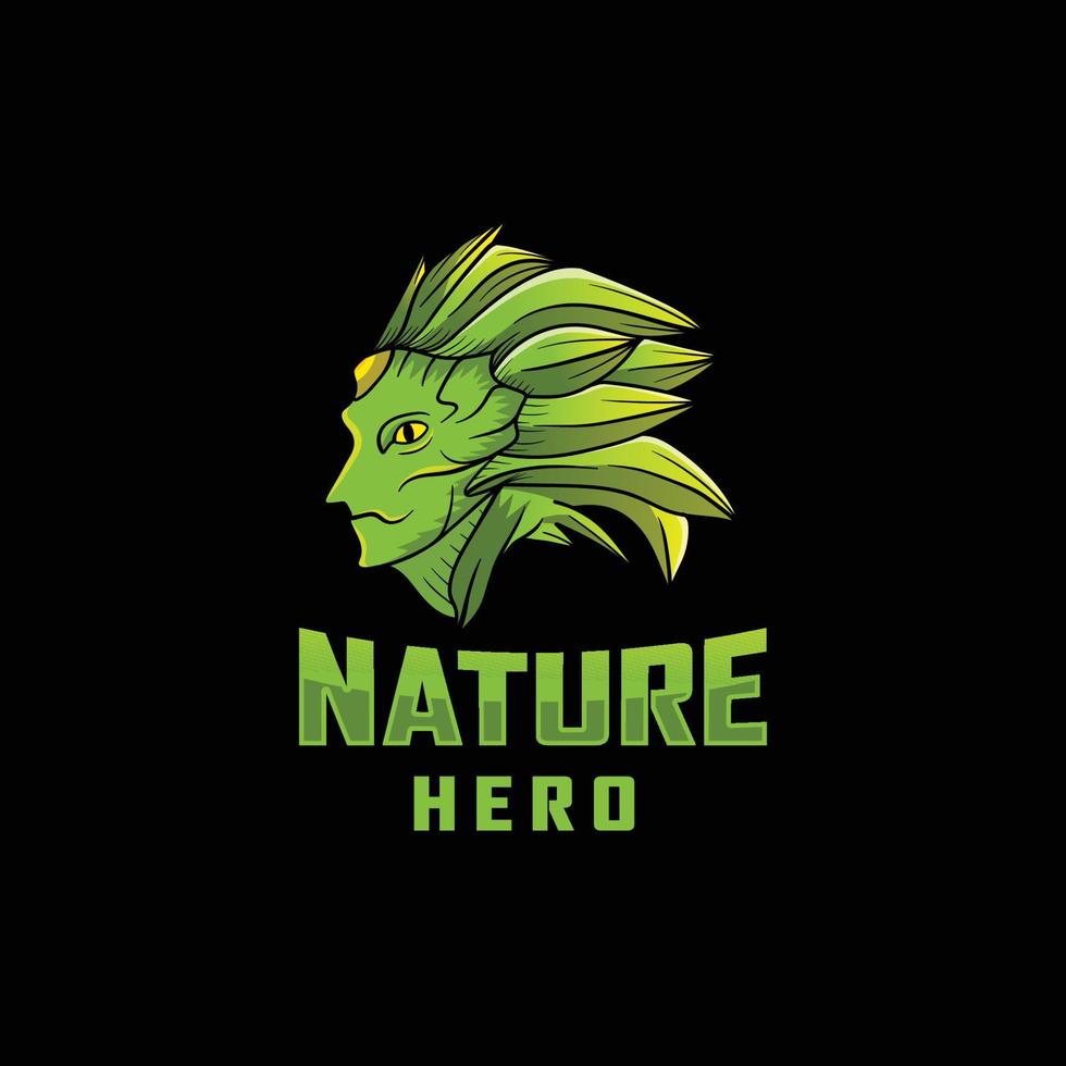 logotipo de hombre verde, héroe de la naturaleza con hojas o plantas en cabello verde amarillento, marihuana cbd, cáñamo, vector