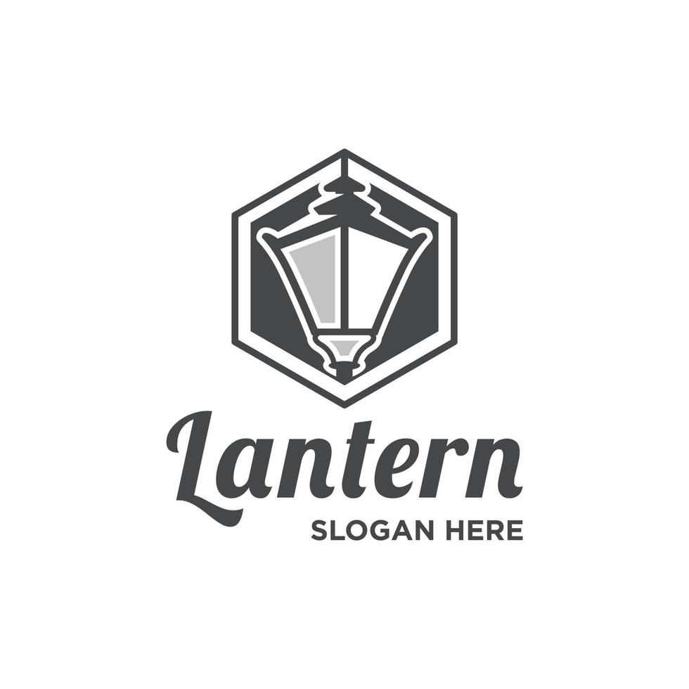 Lantern restaurant logo design vector template illustration, on a hexagon-shaped gray background