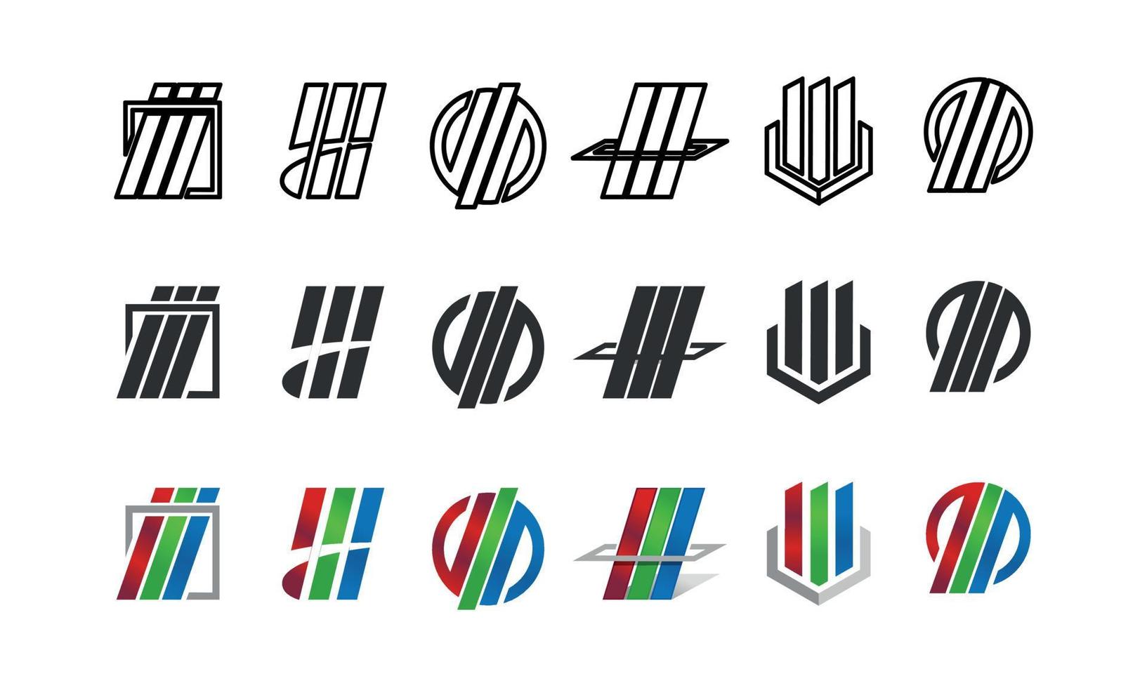 a collection of straight line logo designs with a slight slant of rainbow colors. 3 lines lined with red green blue , on a white background. vector