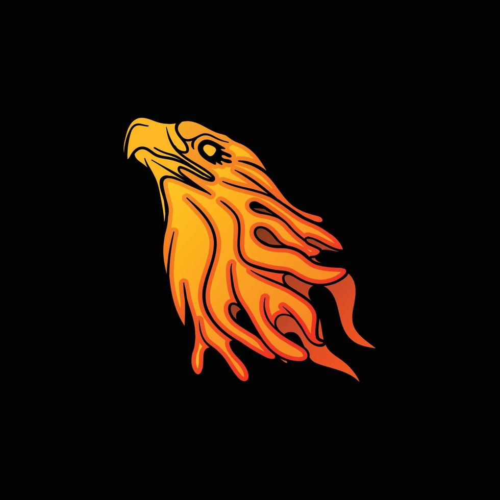 cabeza de águila quema fuego está volando hacia arriba, con color naranja amarillo, vector de diseño de mascota de logotipo de fuego