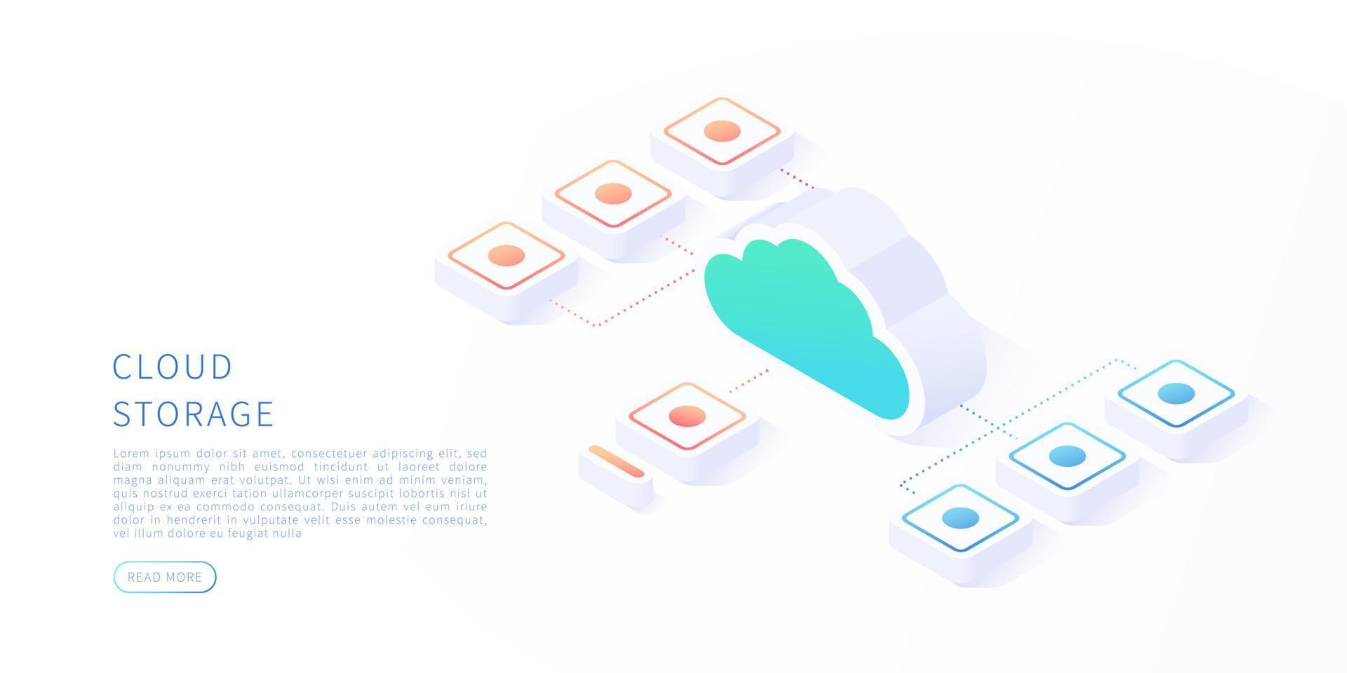 Cloud storage concept in isometric vector illustration. Digital service or app with data transfering. Digital server, database and cloud computing service. Vector illustration.