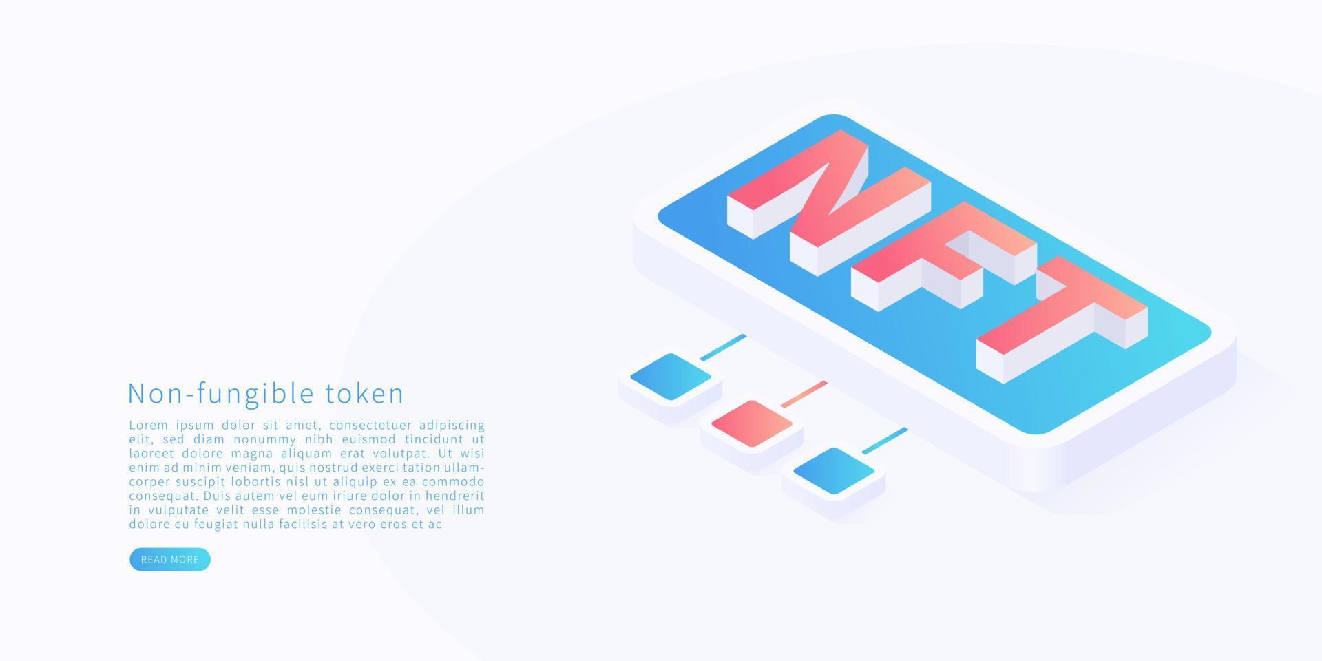 Non fungible token concept in isometric vector illustration. Digital crypto art blockchain technology. Vector illustration.