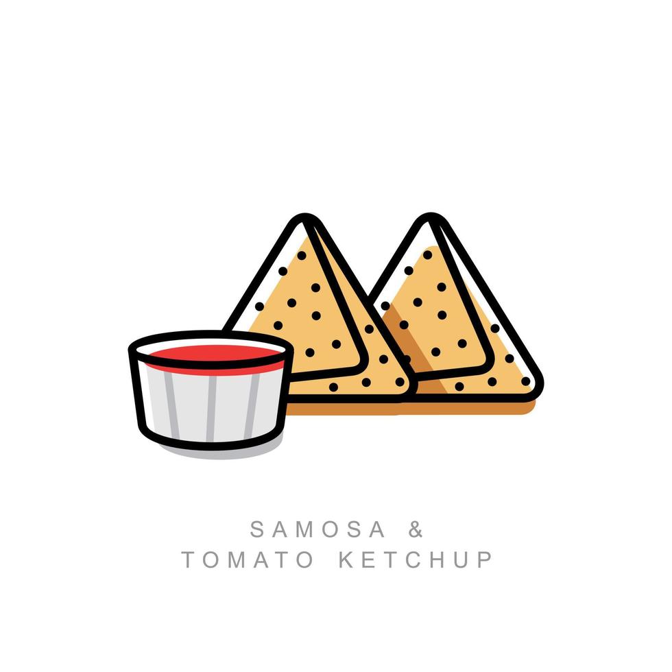 Samosa is a baked and fried indian snack with tomato ketchup simple outline vector