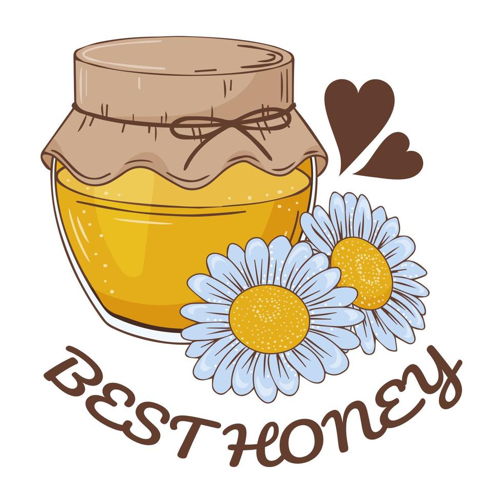 Glass jar of sweet honey and cute flowers. vector
