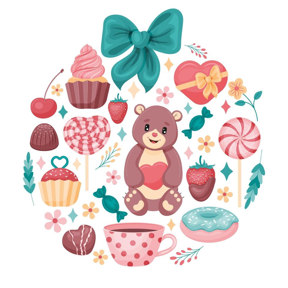sweet cute circle frame. Teddy, cake, heart, lollipop, cherry. cartoon style. Vector illustration. Isolated on white.