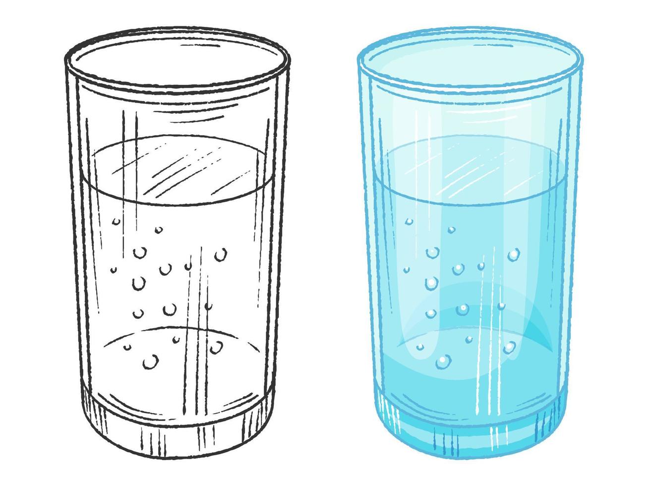 Monochrome and color glasses of water. Hand drawn objects. vector