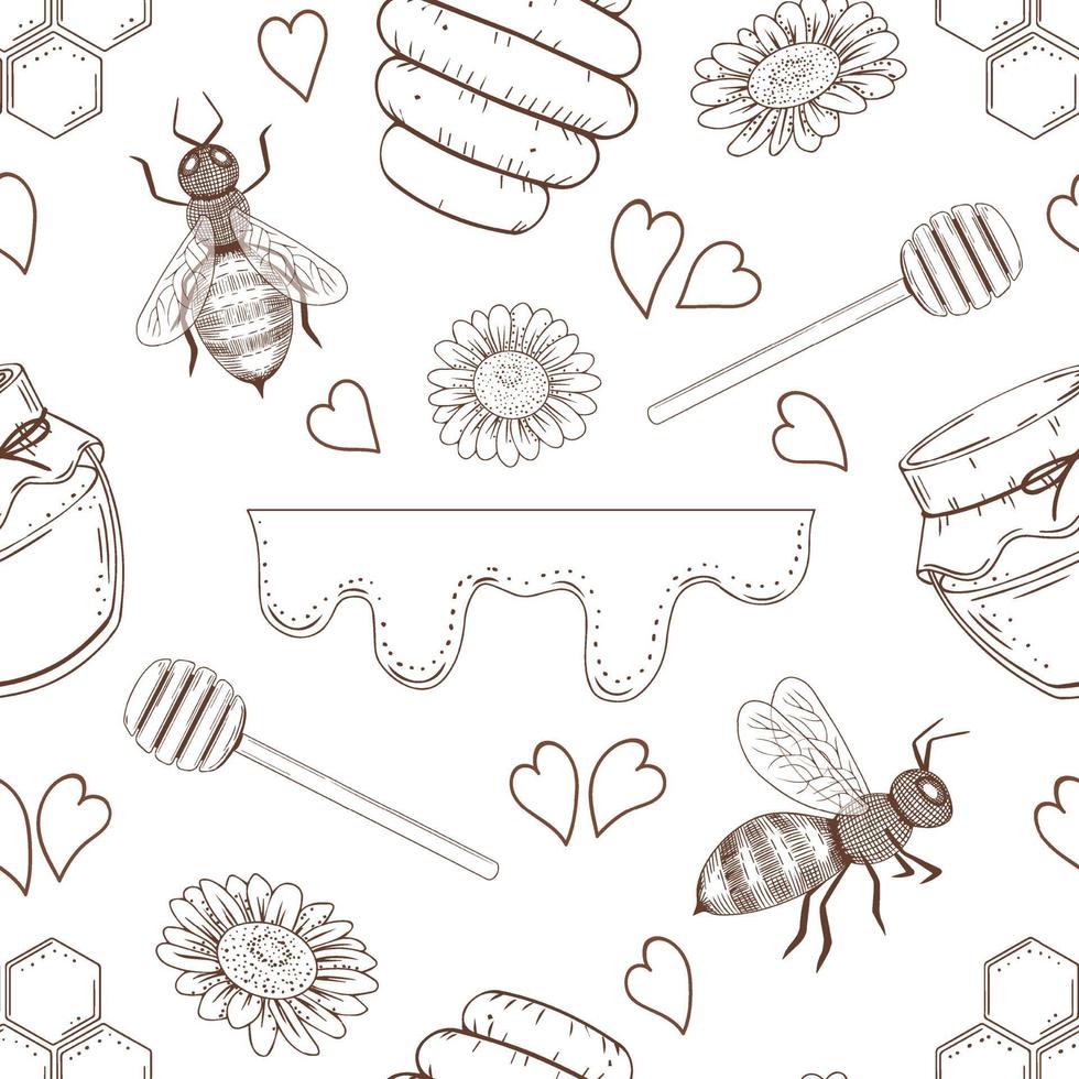 Seamless pattern from hand drawn elements. Honey, bees, flowers. vector