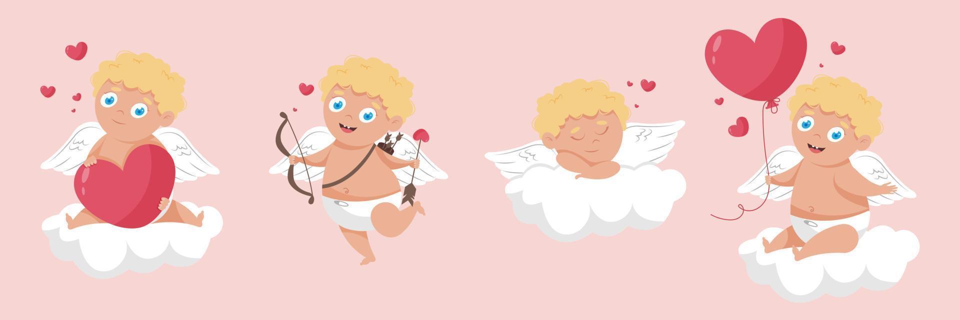 Happy Saint Valentine's Day poster with cute curly blonde hair angel cupid with wings on a cloud, holding balloon heart, with bow and arrows or just sleeping on a cloud. Vector illustration.