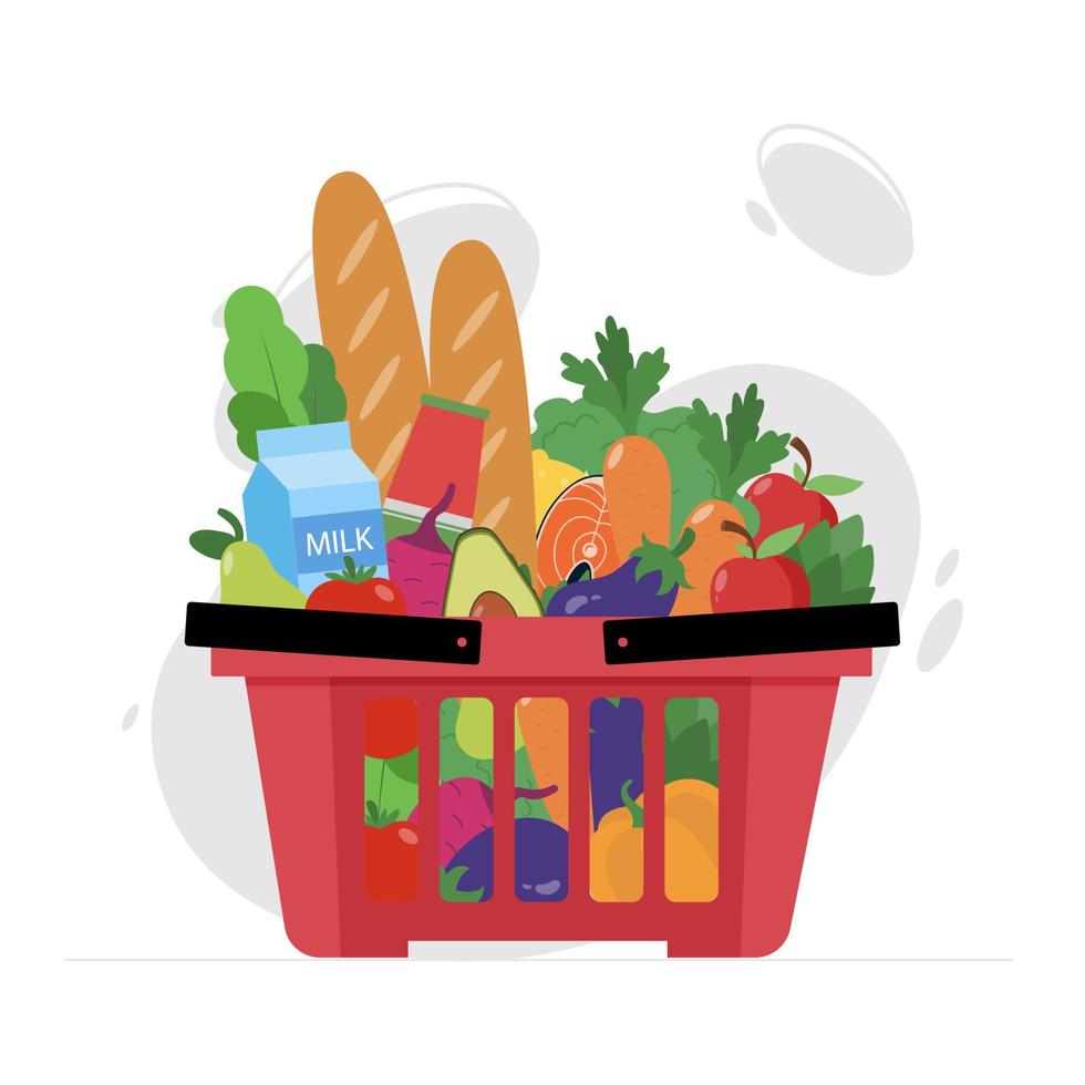 Red shopping basket with fresh foodstuffs. Organic food and drinks purchases in grocery supermarket from local producers. Vector illustration in flat style. Healthy organic foods delivery concept.