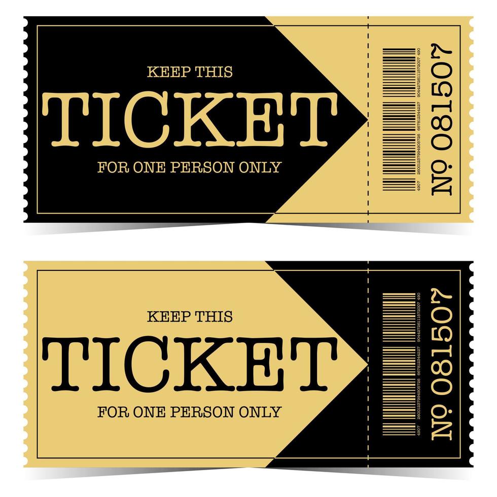 Golden-black tear-off ticket template. Event, show, party or concert entrance pass vector illustration in flat style. Talon or coupon with detachable element, barcode and number.