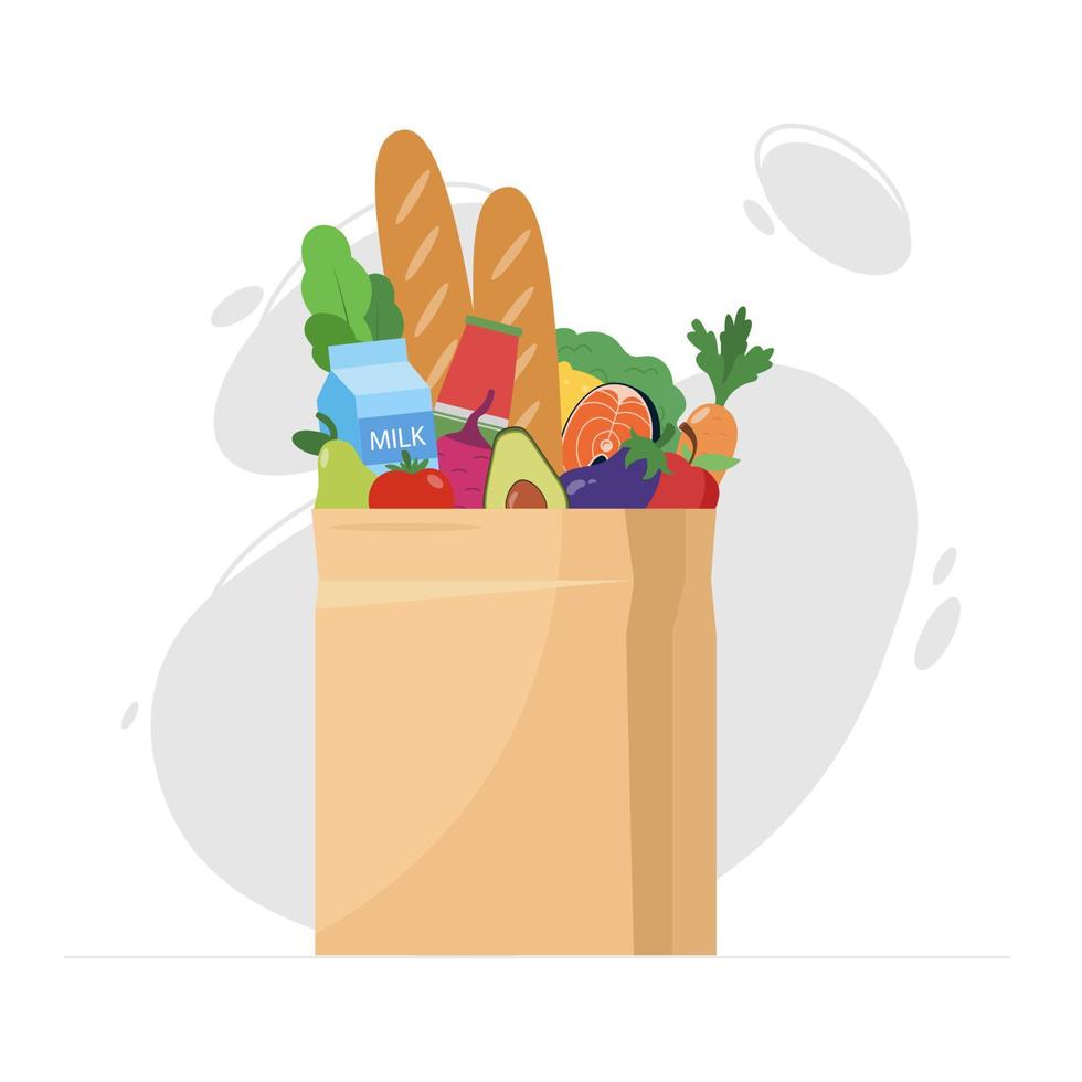 bolsa de papel o paquete con alimentos y bebidas naturales saludables. ilustración de vector de compras de comestibles. frutas, verduras, leche, pan, pescado y otros alimentos orgánicos del mercado local.