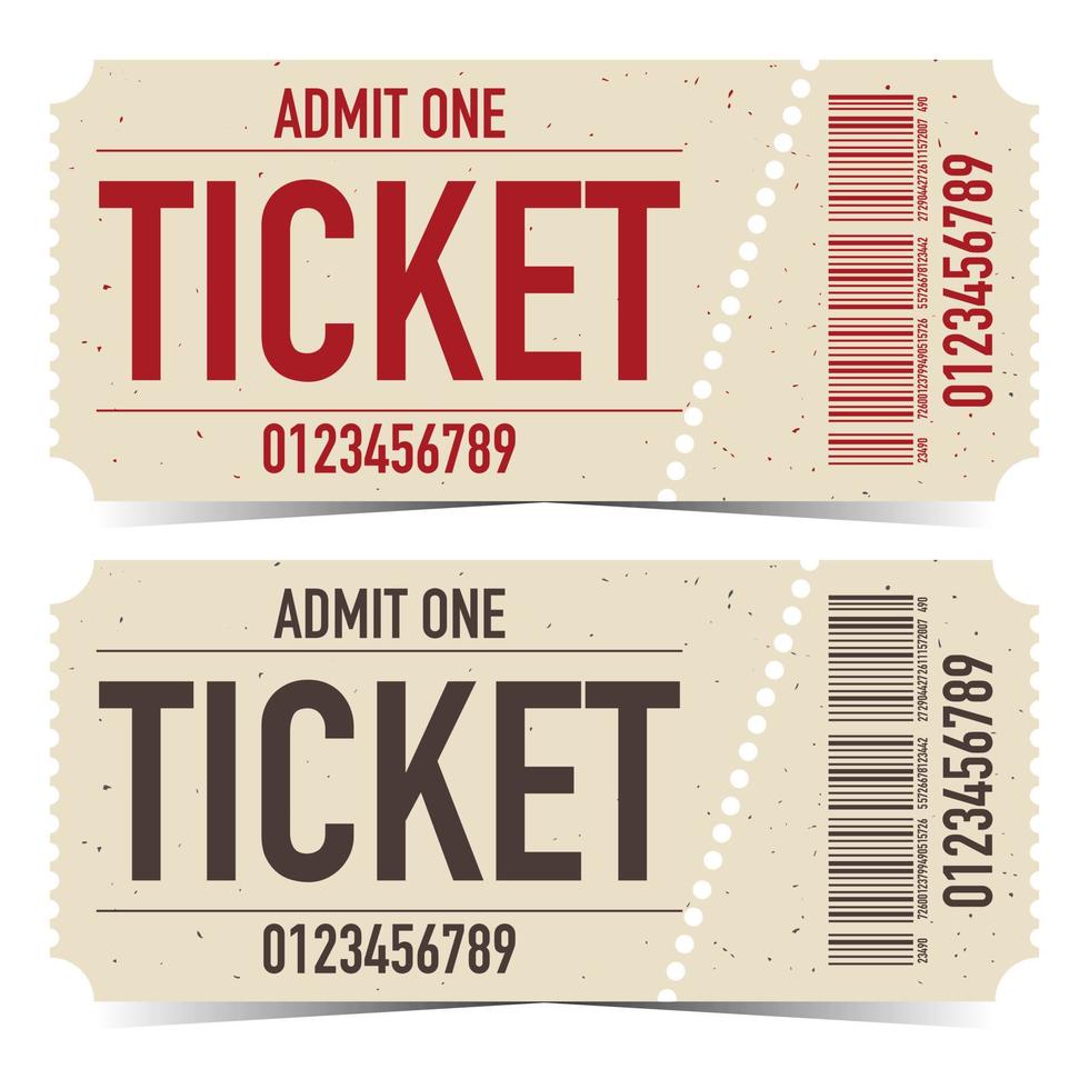 Tear-off paper ticket with barcode and editable text. Detachable coupon or talon for theatre or cinema, party or festival, event or entertainment show. Vector illustration in flat style.