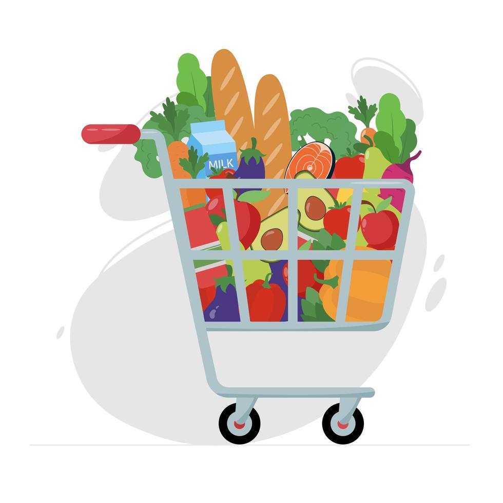 carrito de compras con ruedas lleno de comida y bebida. Ilustración de vector de compras de comestibles familiares de fin de semana en estilo plano. carrito de supermercado lleno de alimentos: frutas, verduras, leche, pan, pescado.