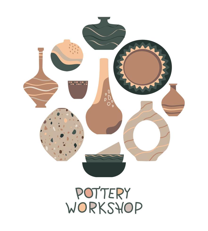 taller de alfarería. conjunto de cerámicas, jarrones, objetos de cocina. vector